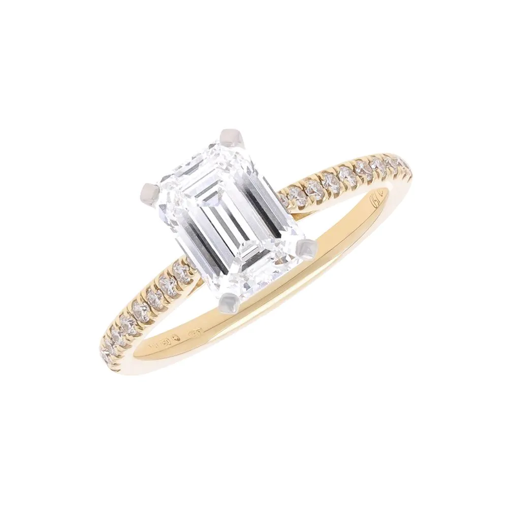 18ct Yellow Gold & Platinum 1.70ct Emerald Cut Solitaire Ring with Diamond Shoulders