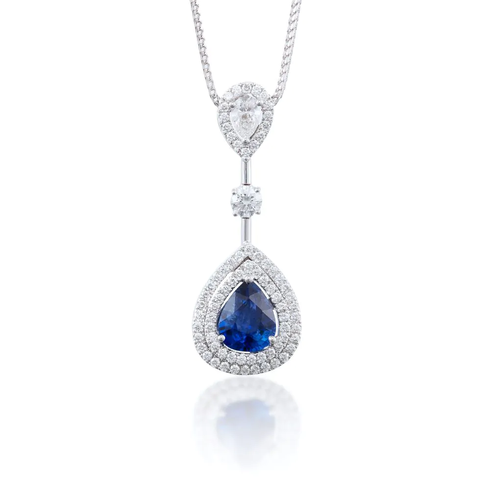 18ct White Gold Handcrafted 2.52ct Sapphire and Diamond Pendant with Chain