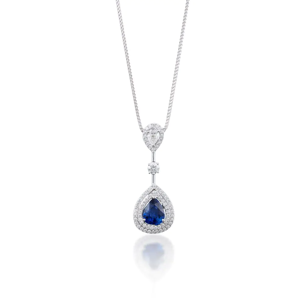 18ct White Gold Handcrafted 2.52ct Sapphire and Diamond Pendant with Chain