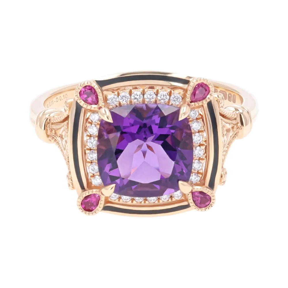 18ct Rose Gold 2.16ct Amethyst, Ruby and Diamond Ring
