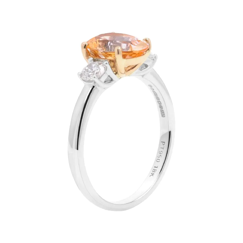 Platinum & 18ct Rose Gold 1.98ct Peach Sapphire and 0.37ct Diamond Three Stone Ring