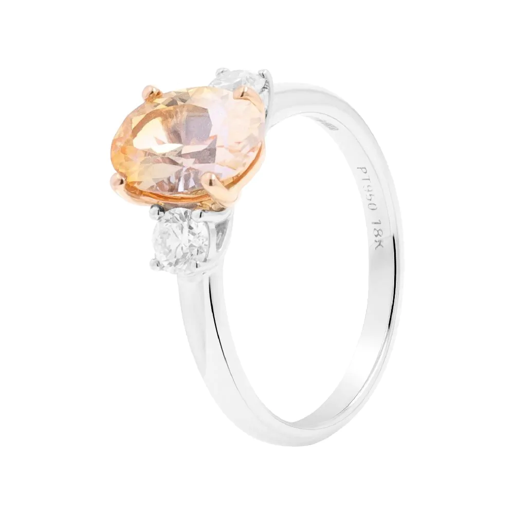 Platinum & 18ct Rose Gold 1.98ct Peach Sapphire and 0.37ct Diamond Three Stone Ring