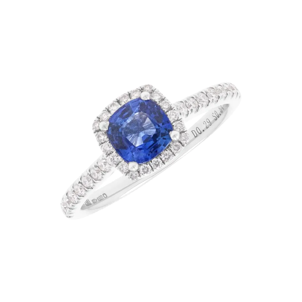 18ct White Gold 0.84ct Sapphire and 0.29ct Diamond Halo Ring
