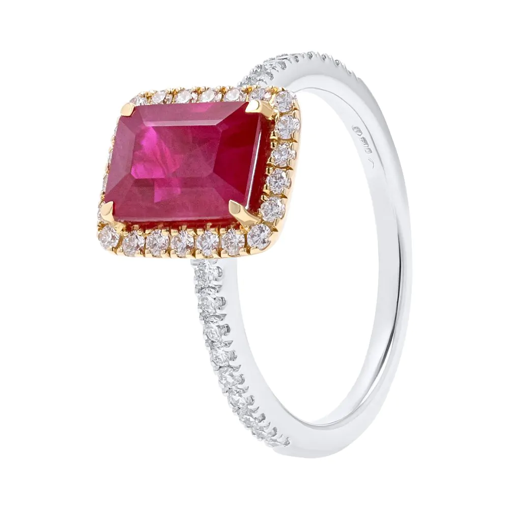 18ct White Gold, 18ct Yellow Gold, 2.26ct Ruby and 0.39ct Diamond Halo Ring