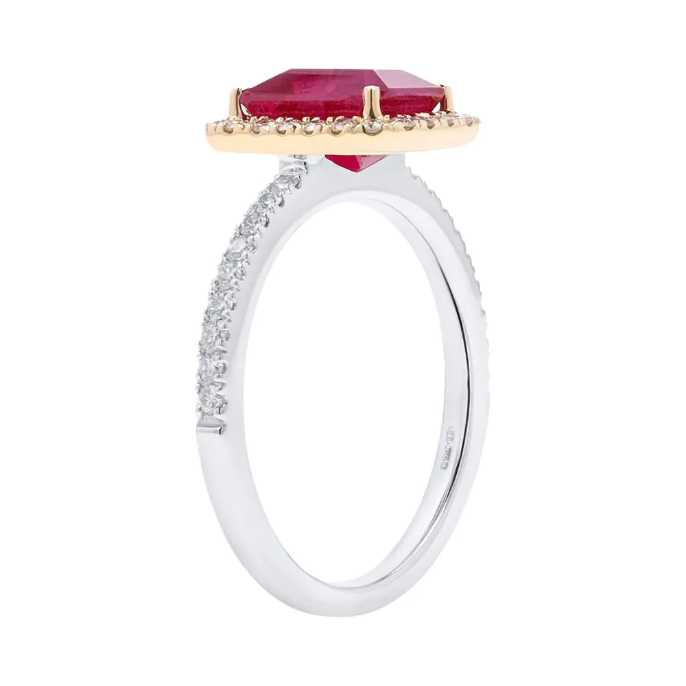 18ct White Gold, 18ct Yellow Gold, 2.26ct Ruby and 0.39ct Diamond Halo Ring
