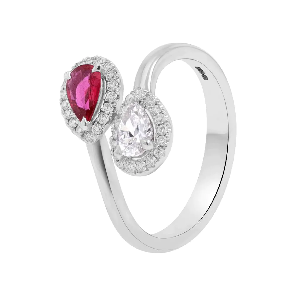 18ct White Gold 0.30ct Diamond and 0.29ct Ruby Crossover Dress Ring