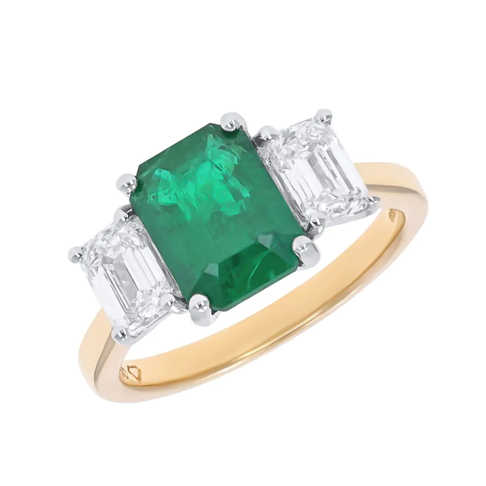 18ct Yellow Gold Emerald and Diamond Three Stone Ring