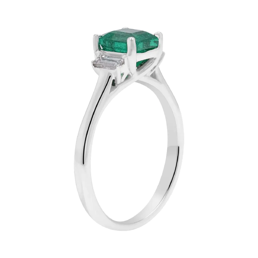 18ct White Gold 1.22ct Emerald and 0.21ct Diamond Three Stone Ring
