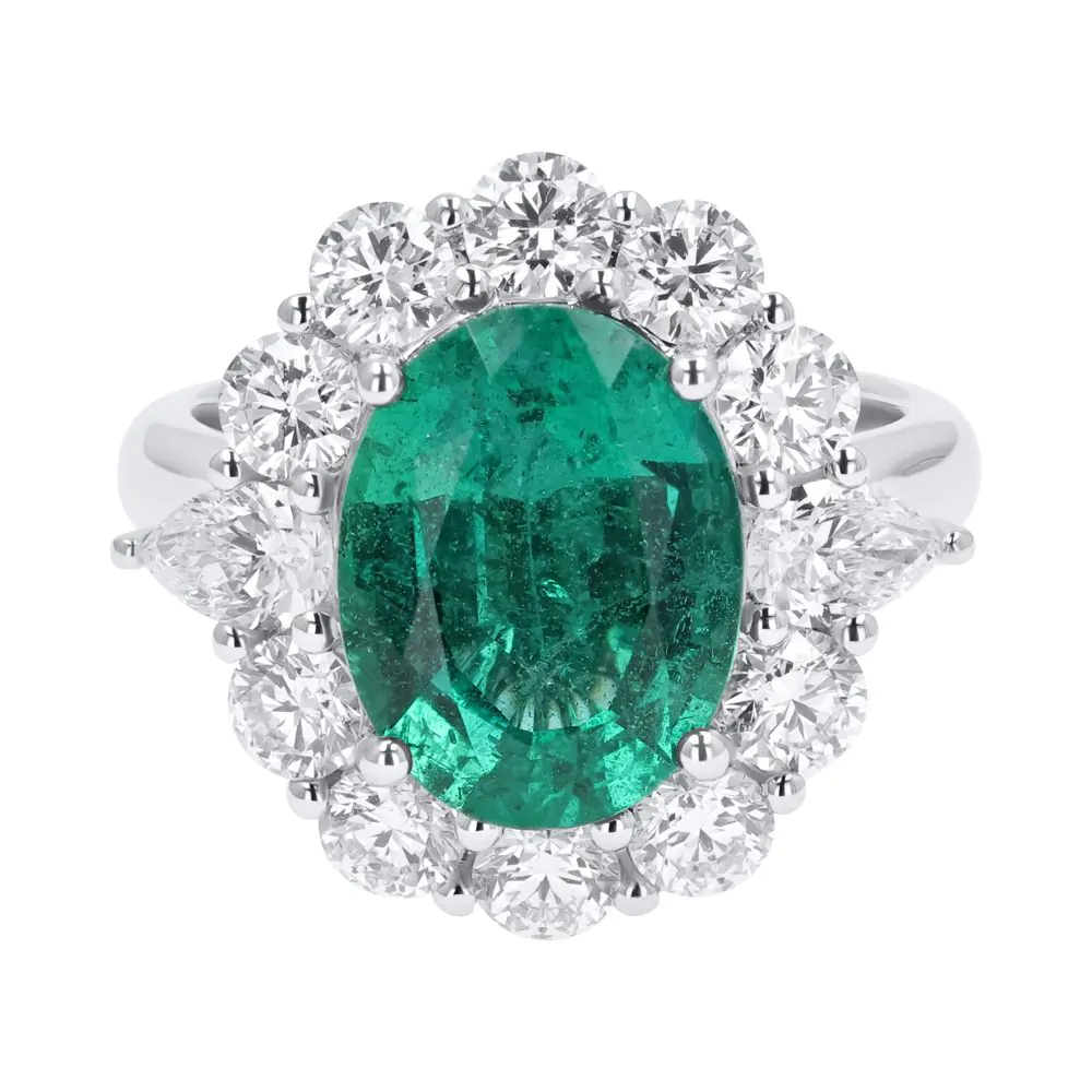 Platinum 4.15ct Emerald and 2.18ct Diamond Halo Ring