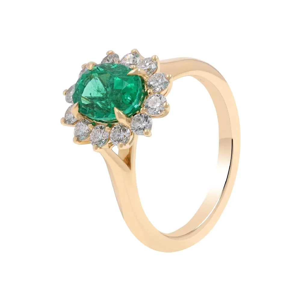 18ct Yellow Gold 1.65ct Emerald and 0.65ct Diamond Halo Cluster Ring