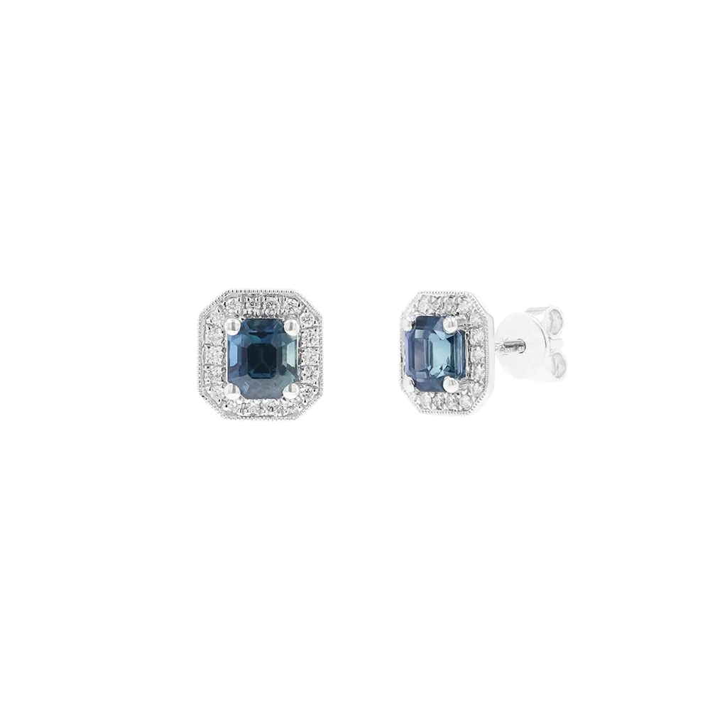 18ct White Gold Octagon Teal Sapphire & Diamond Stud Earrings