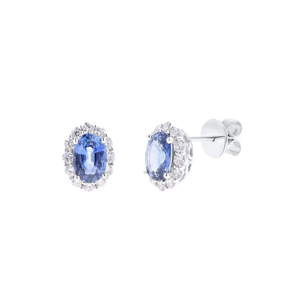 18ct White Gold 2.74ct Sapphire and 0.77ct Diamond Halo Stud Earrings