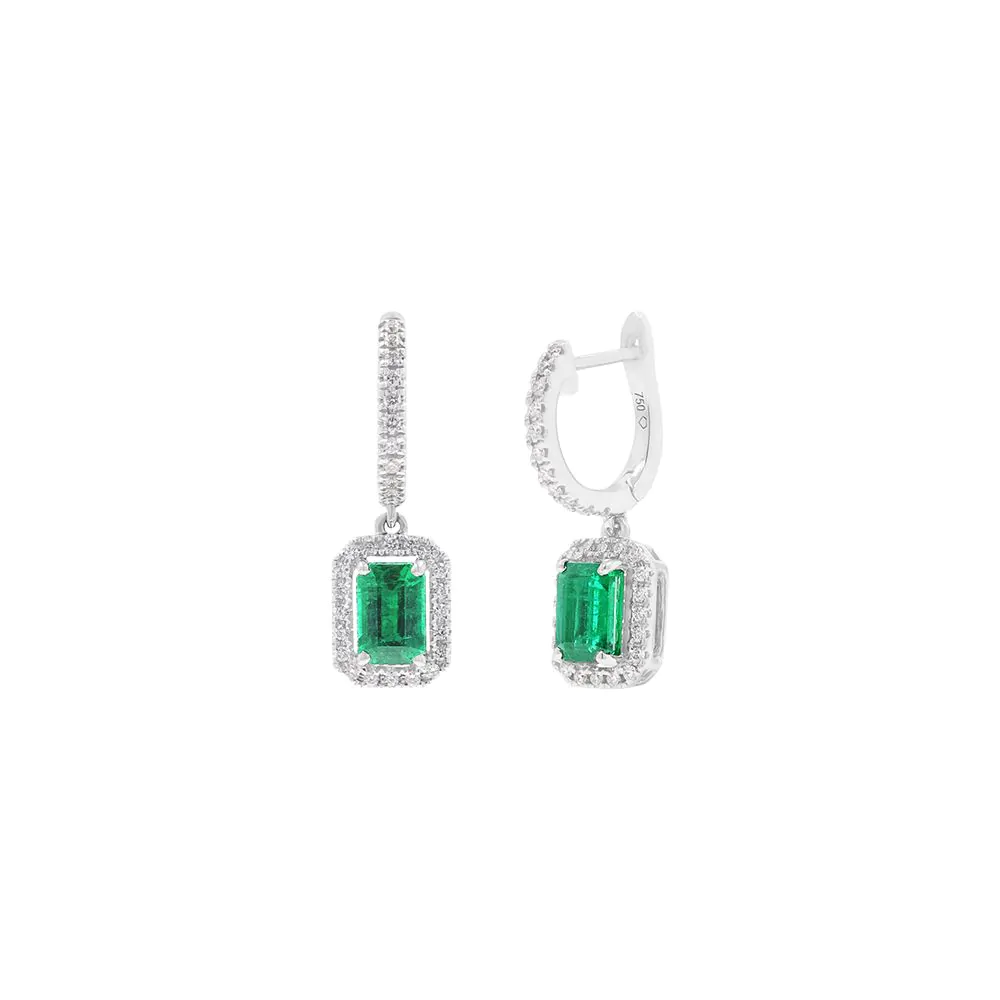 18ct White Gold 1.24ct Emerald and 0.24ct Diamond Hoop Earrings