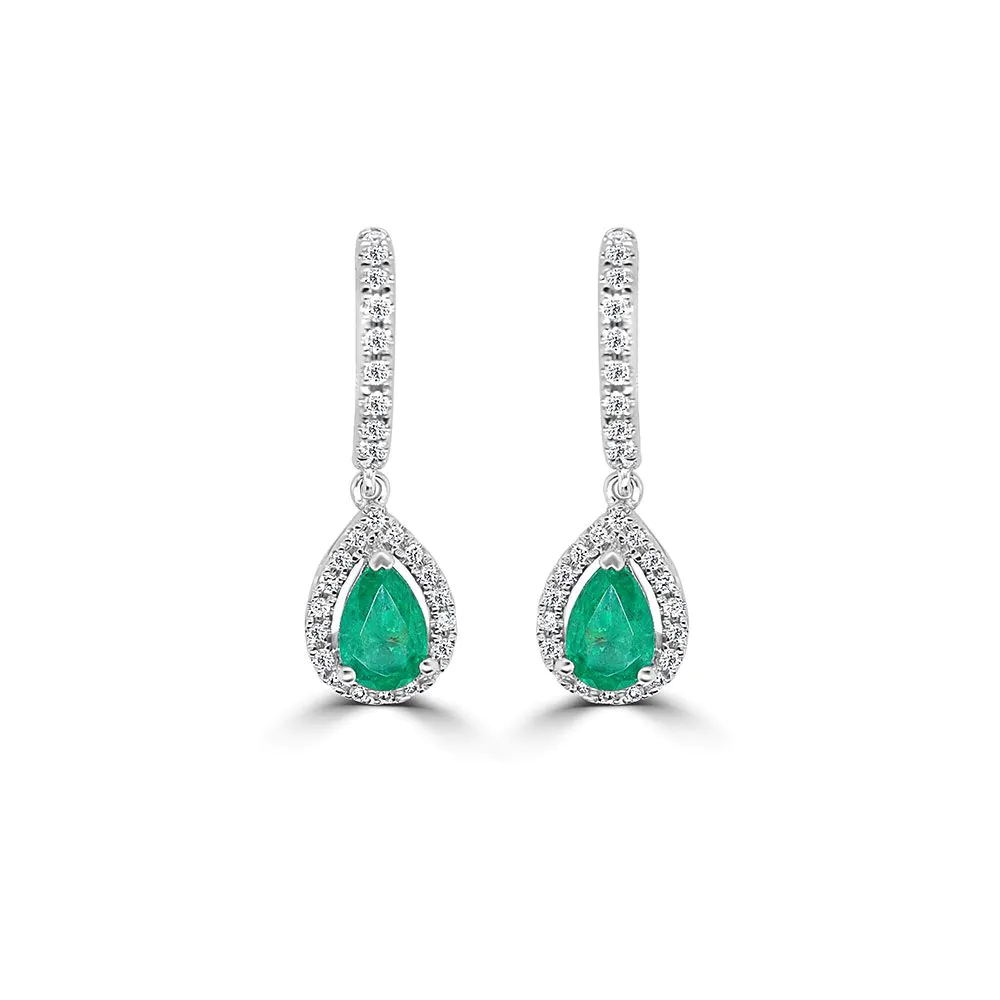 18ct White Gold 1.38ct Emerald and 0.39ct Diamond Drop Earrings