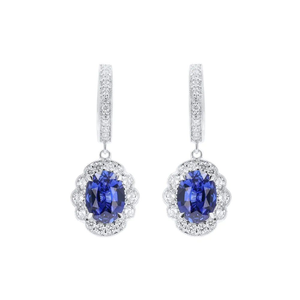 18ct White Gold 4.13ct Sapphire and 1.30ct Diamond Hoop Drop Earrings