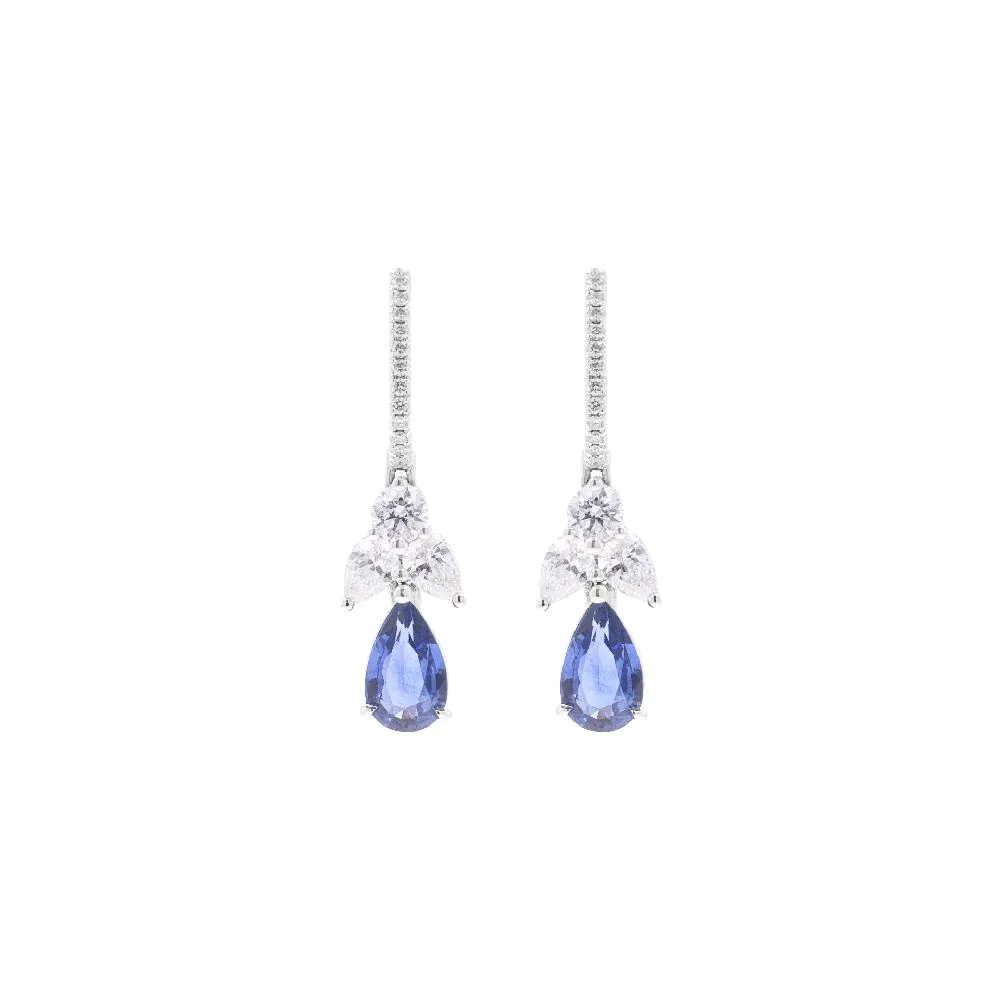18ct White Gold Pear Cut Sapphire & Diamond Drop Earrings