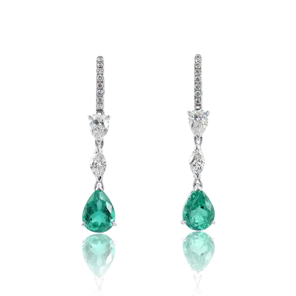 18ct White Gold 1.00ct Diamond and 2.30ct Emerald Drop Earrings