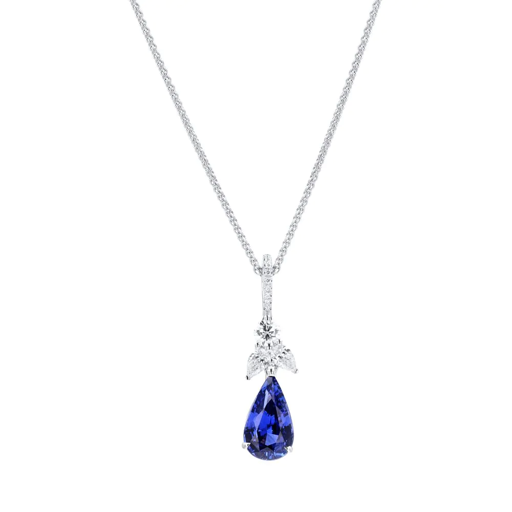 18ct White Gold 3.37ct Sapphire and 0.41ct Diamond Pendant with Chain