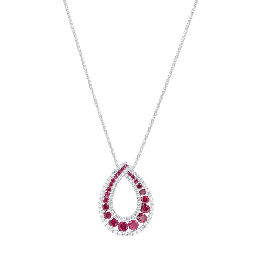 18ct White Gold 0.92ct Ruby and 0.39ct Diamond Teardrop Pendant on Chain