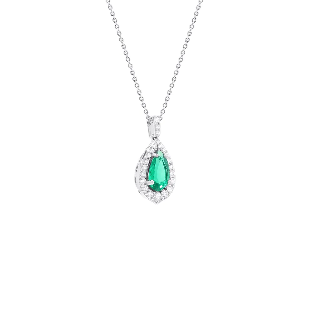 18ct White Gold 0.78ct Emerald and 0.31ct Diamond Halo Pendant and Chain