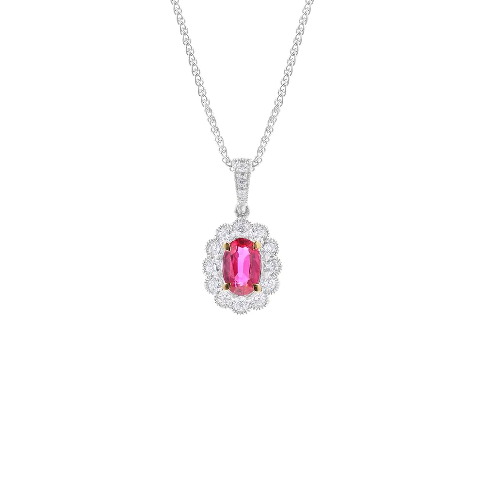 18ct White Gold 0.60ct Ruby and 0.30ct Diamond Halo Pendant and Chain