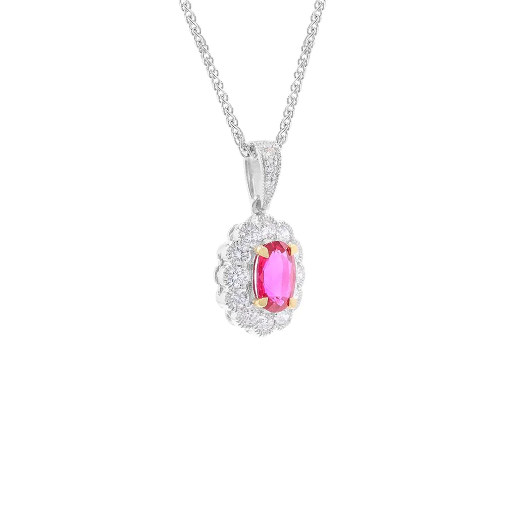 18ct White Gold 0.60ct Ruby and 0.30ct Diamond Halo Pendant and Chain
