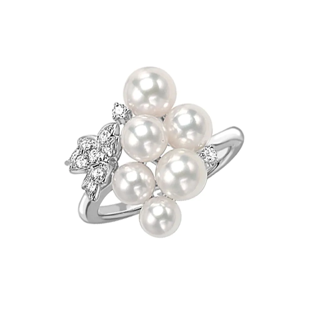 Mikimoto Classic 18ct White Gold 6 Pearl and 0.14ct Diamond Cluster Ring