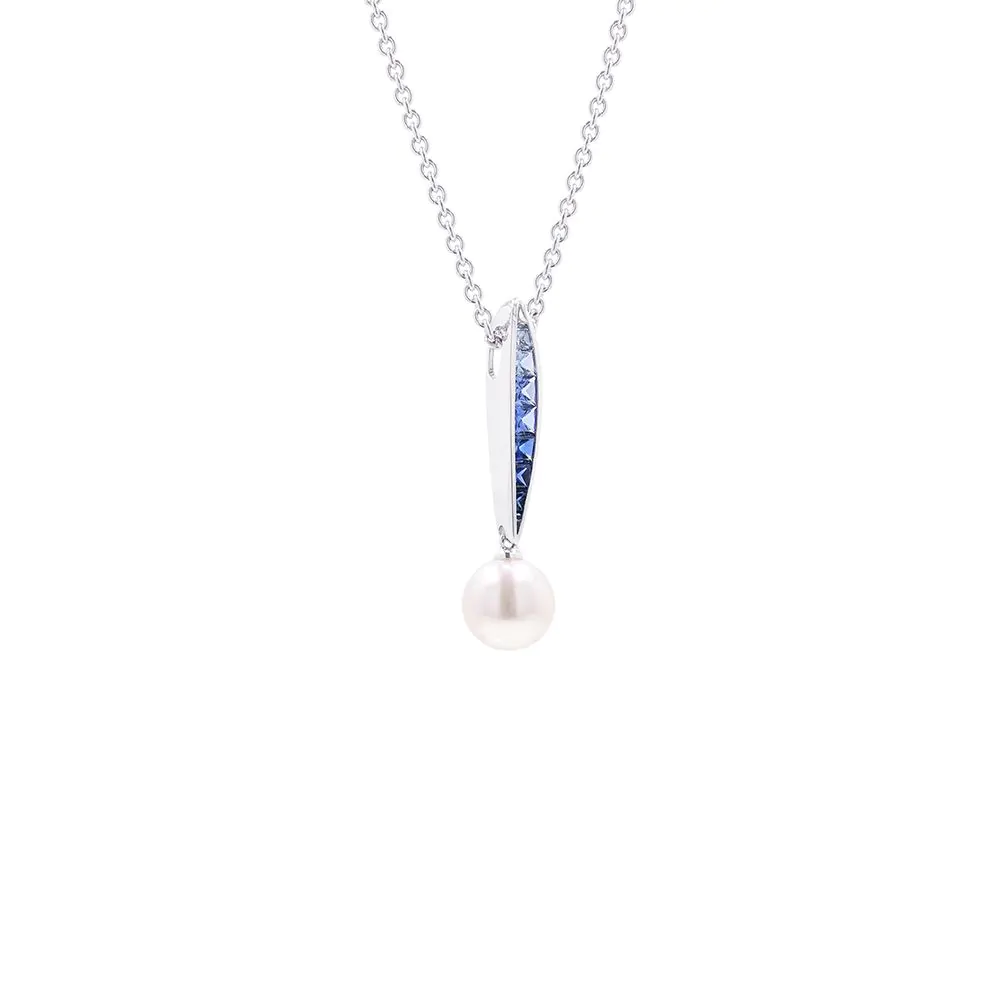 Mikimoto 18ct White Gold, Pearl & 0.56ct Sapphire Pendant and Chain