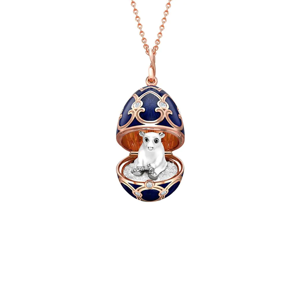 Fabergé Heritage Rose Gold & Dark Blue Guilloché Enamel Polar Bear Surprise Locket 1540FP2982
