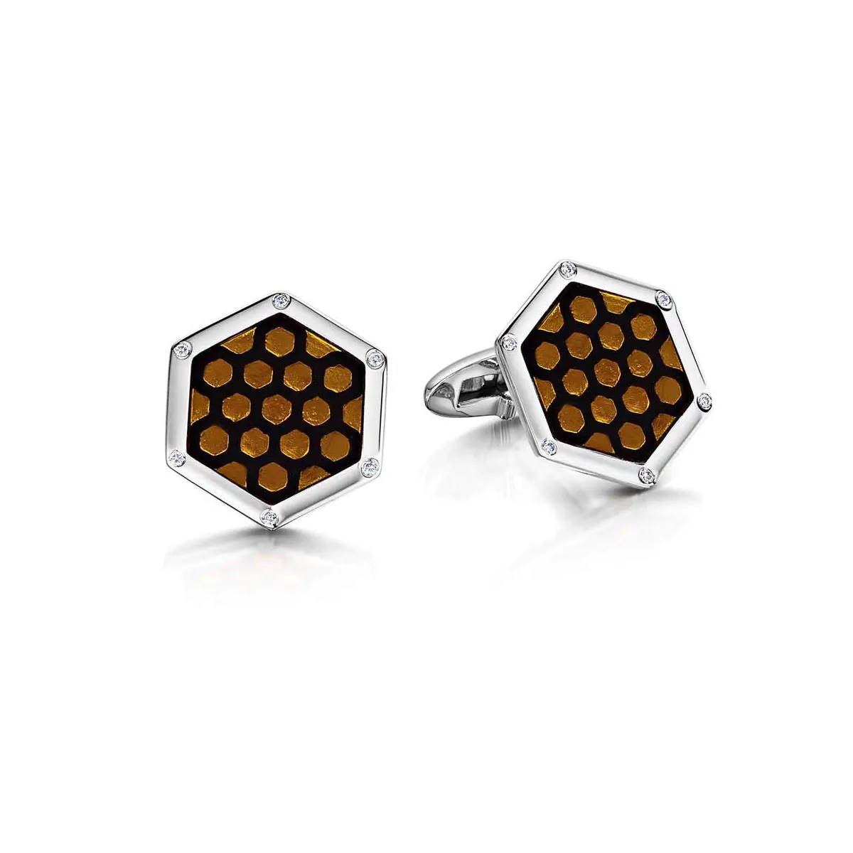 Silver Hexagon Black & Orange Diamond Cufflinks