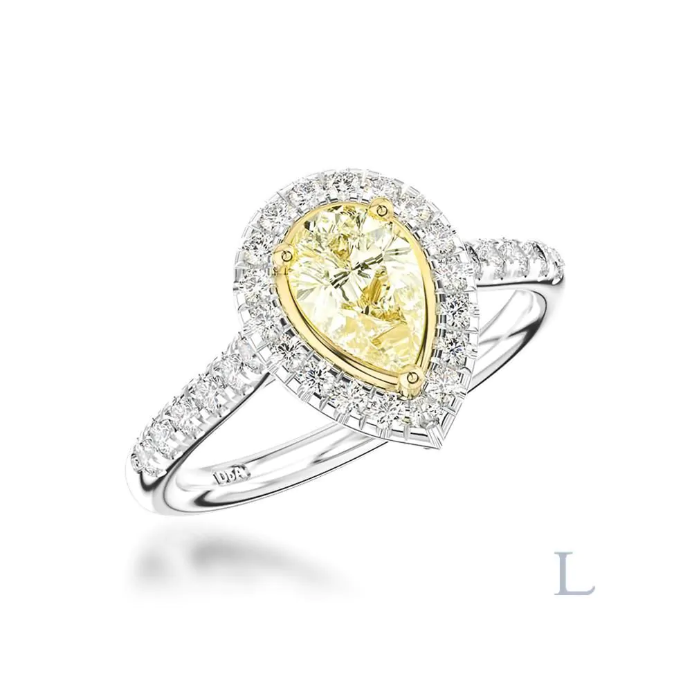 Platinum &18ct Yellow Gold 0.51ct FLY SI2 Pear Shape Cut Yellow Diamond and Diamond Halo Ring