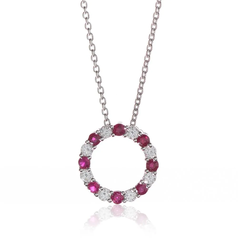 18ct White Gold 0.35ct Ruby and 0.28ct Diamond Hoop Pendant