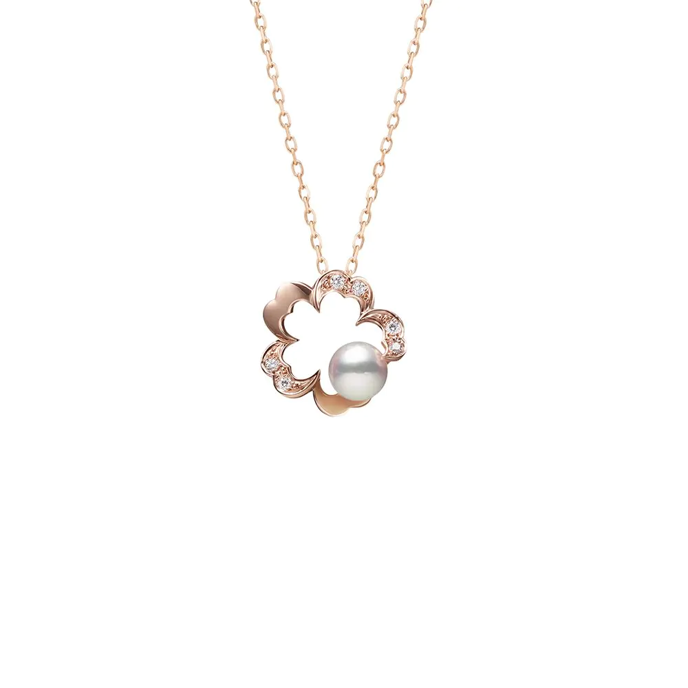 Mikimoto 18ct Rose Gold Cherry Blossom Pearl and Diamond Pendant