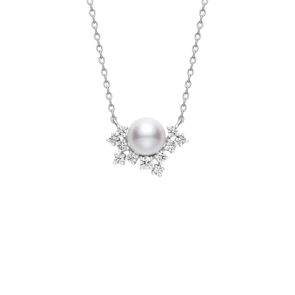 Mikimoto Classic Elegance 18ct White Gold Pearl and Diamond Half Cluster Pendant
