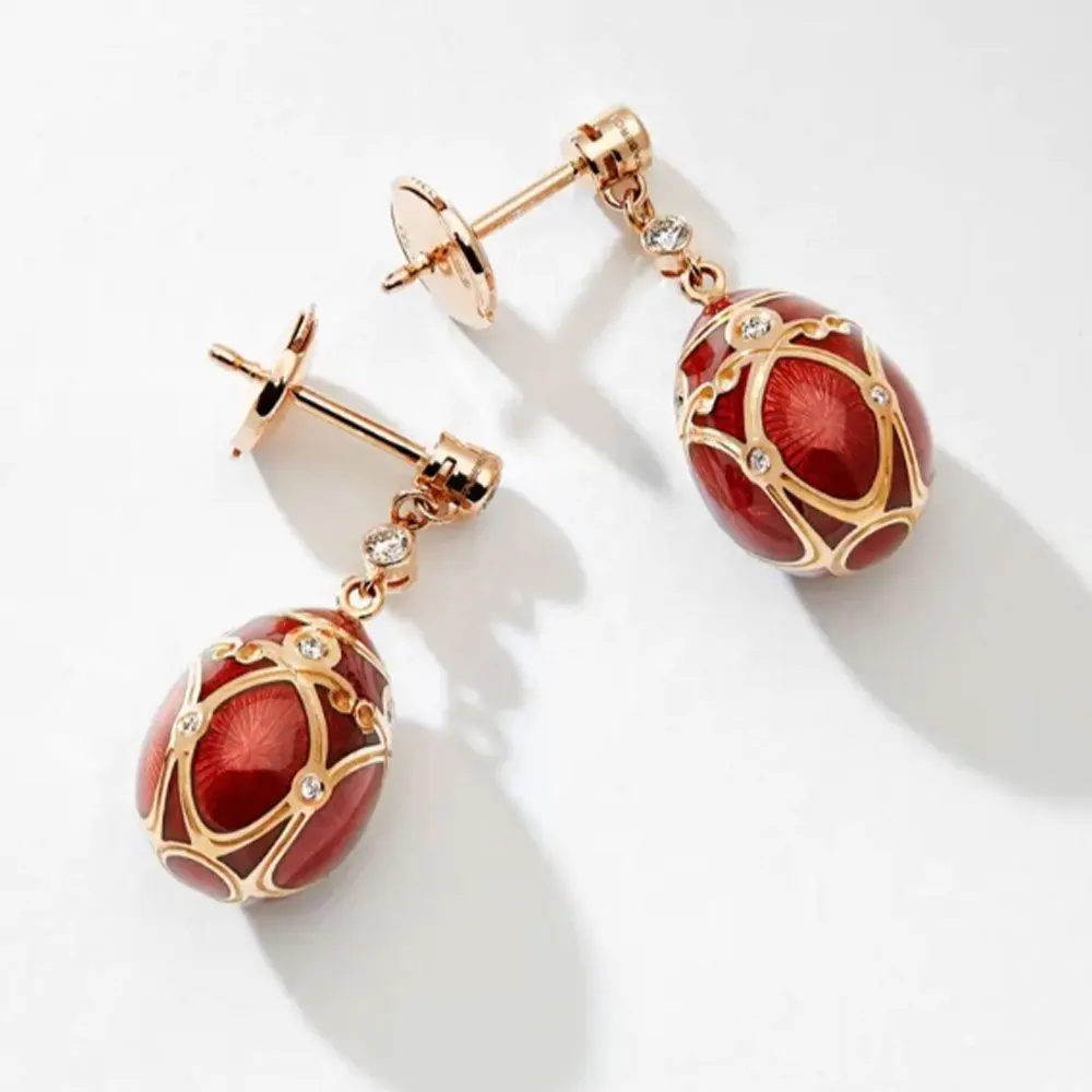 Fabergé Heritage Palais Rose Gold Diamond & Red Guilloché Enamel Egg Drop Earrings 389EA1863