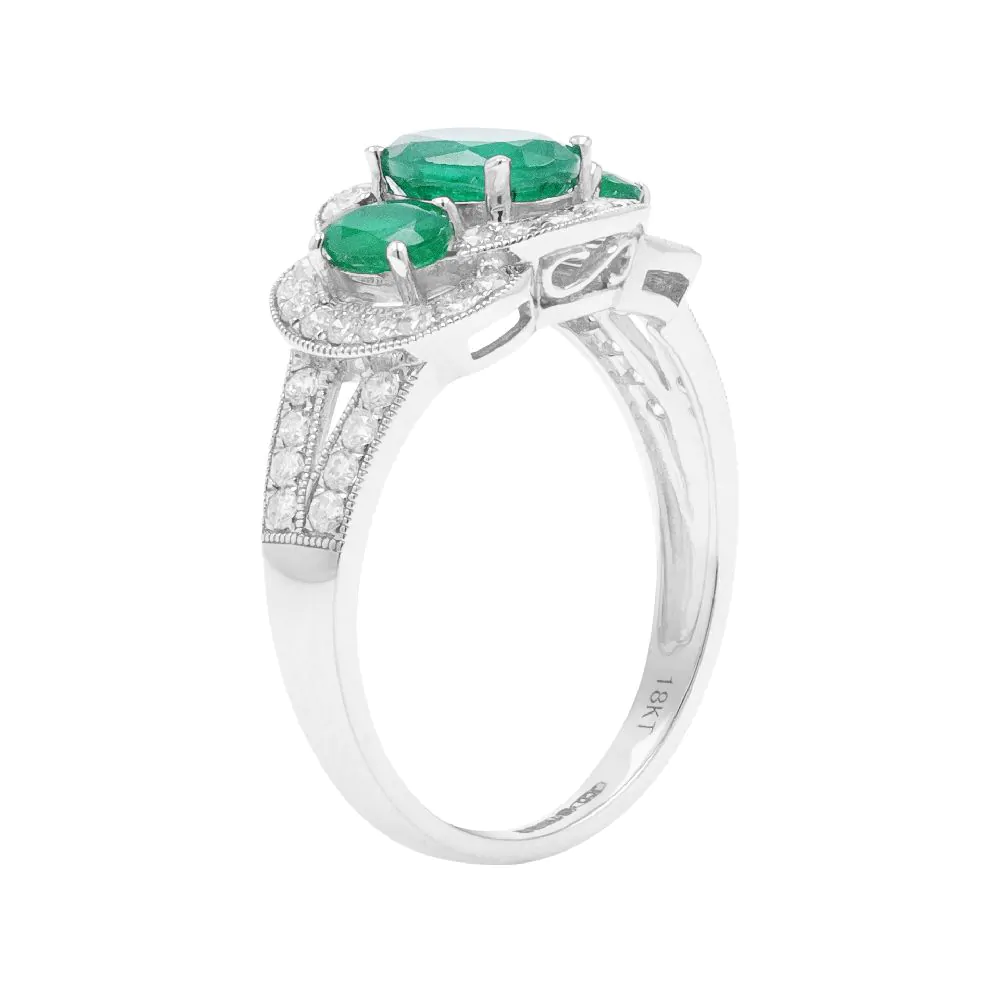 18ct White Gold 0.80ct Emerald and 0.66ct Diamond Three Stone Ring