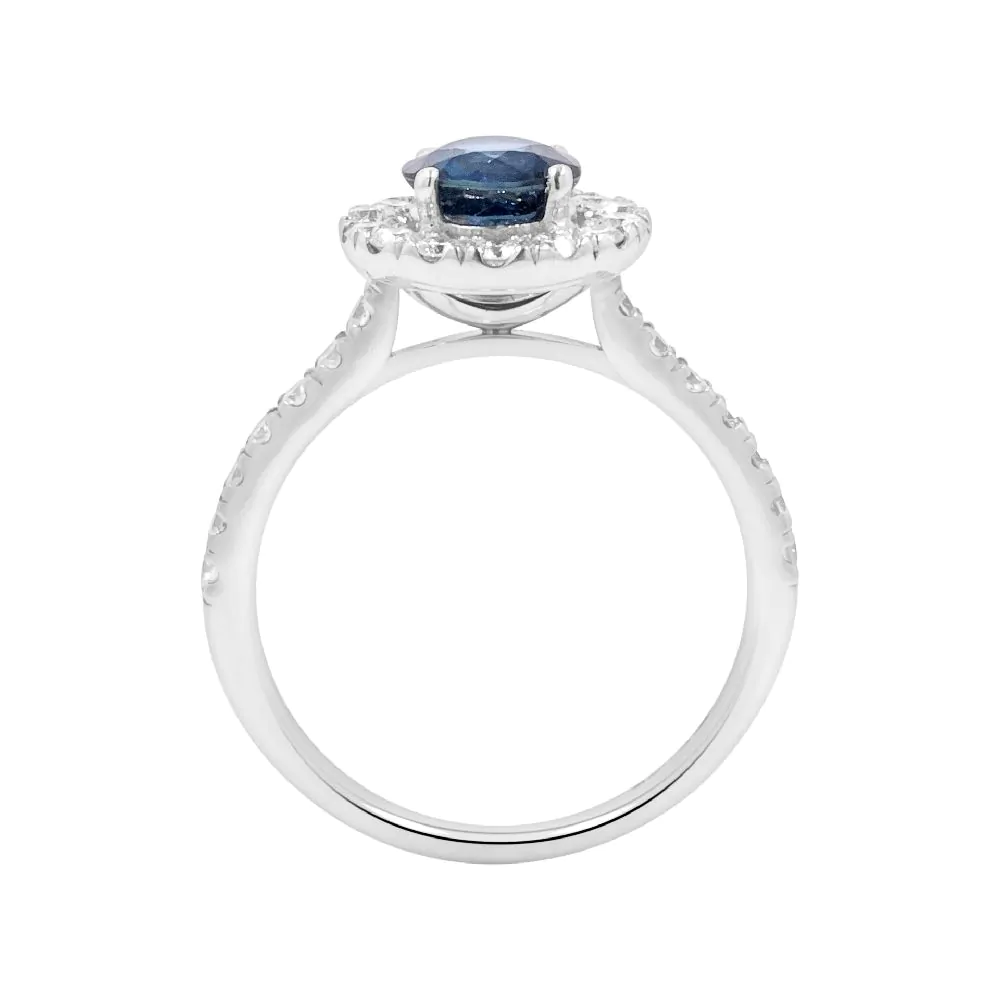 18ct White Gold 1.12ct Sapphire and 0.63ct Diamond Halo Ring