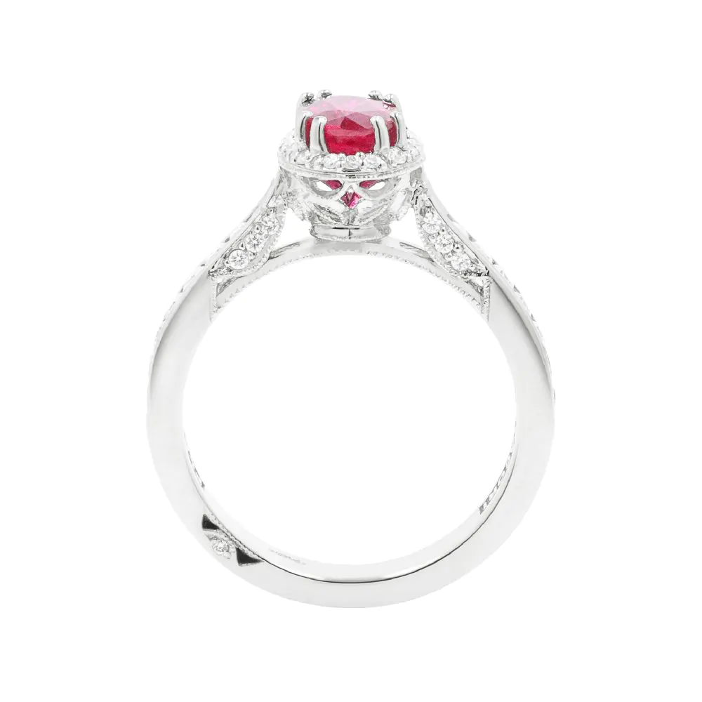 Platinum 1.03ct Oval Ruby and 0.45ct Diamond Halo Ring