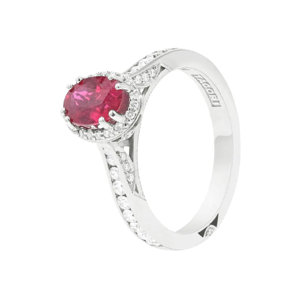 Platinum 1.03ct Oval Ruby and 0.45ct Diamond Halo Ring