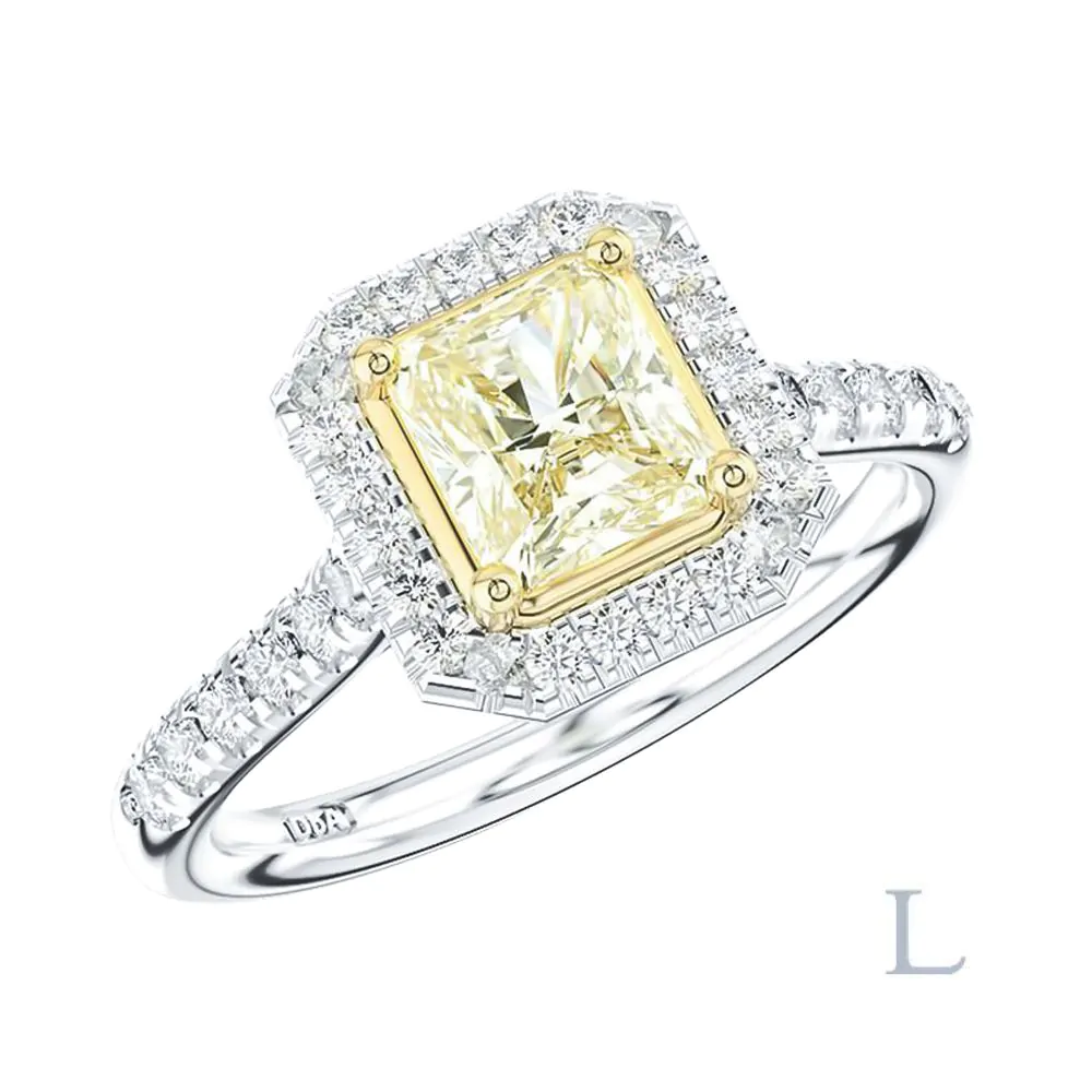 Platinum &18ct Yellow Gold 0.50ct FIY SI1 Radiant Cut Yellow Diamond and Diamond Halo Ring