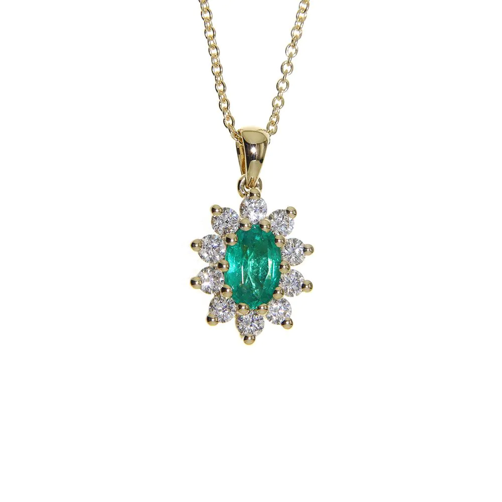 18ct Yellow Gold Emerald and Diamond Pendant on Chain
