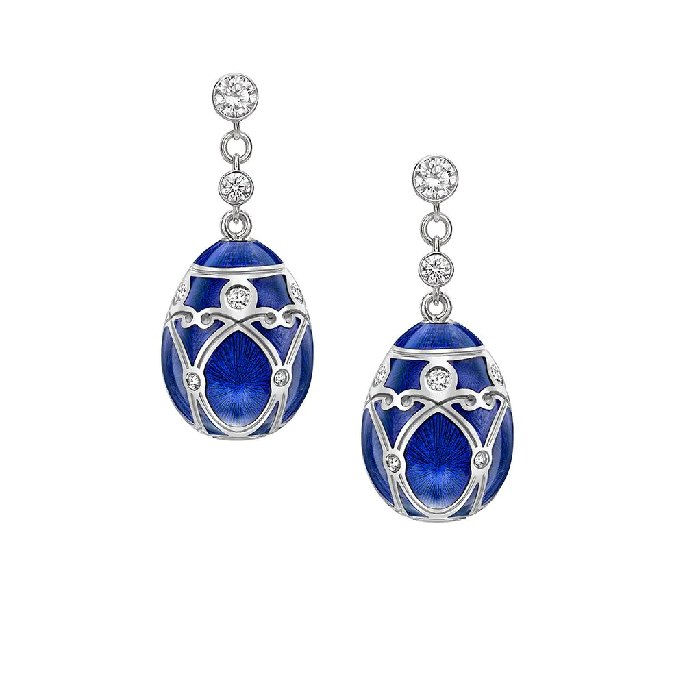 Fabergé Heritage Yelagin White Gold Diamond & Royal Blue Guilloché Enamel Egg Drop Earrings 389EA141
