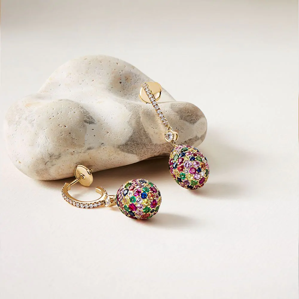 Fabergé Emotion Yellow Gold & Multicoloured Gemstone Egg Drop Earrings 1064EA1886
