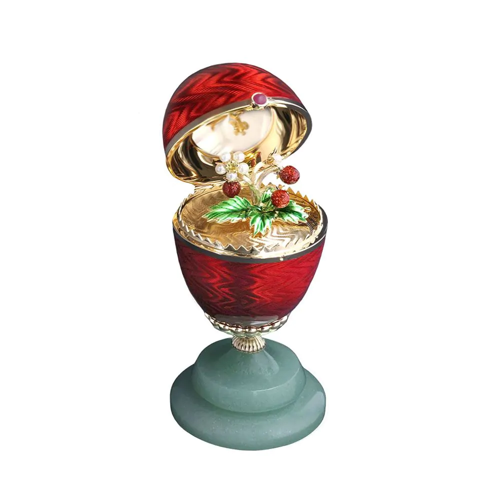 Fabergé 18ct Yellow Gold Red Guilloché Enamel Egg Objet with Wild Strawberry Surprise 1921DA3187