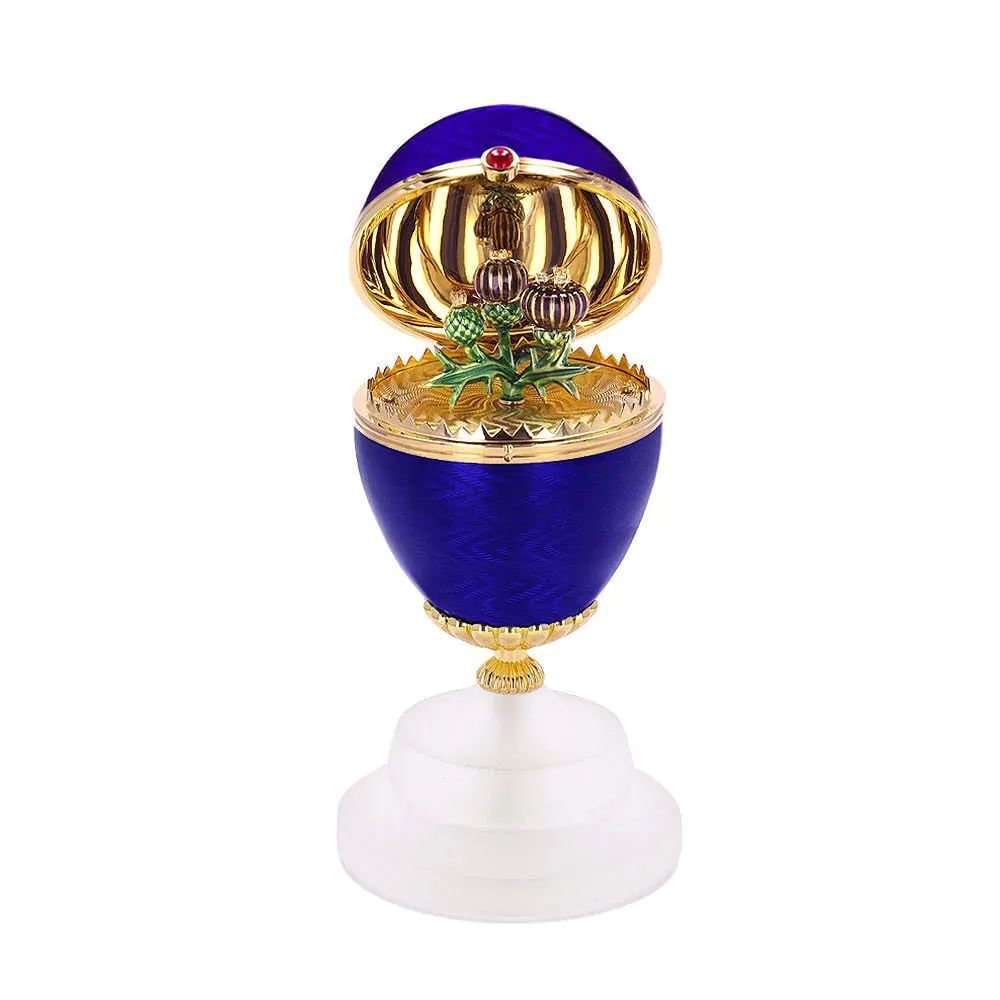 Fabergé x Laings 18k Yellow Gold Navy Guilloché Enamel Egg with Thistle Surprise 2300DA3569