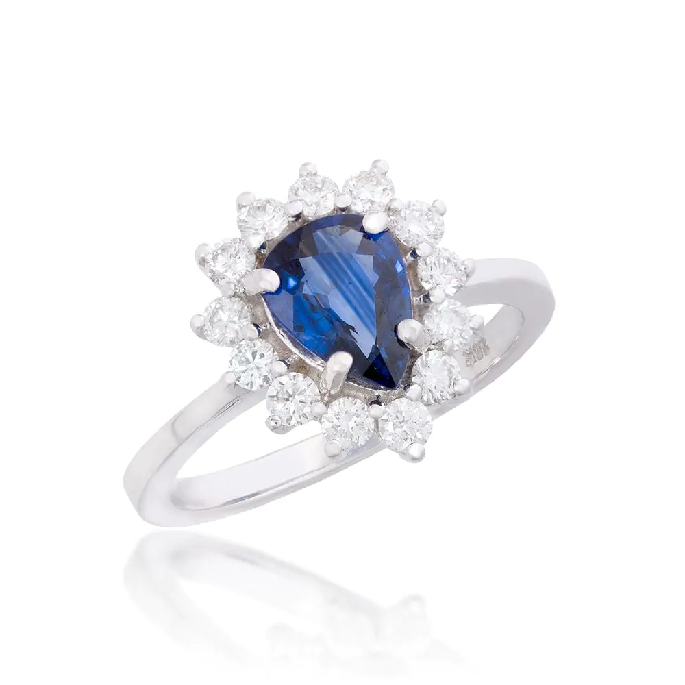 18ct White gold 1.16ct pear cut sapphire and diamond cluster ring