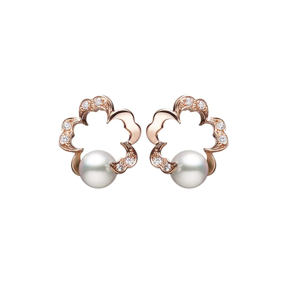 Mikimoto 18ct Rose Gold Cherry Blossom Pearl and Diamond Stud Earrings
