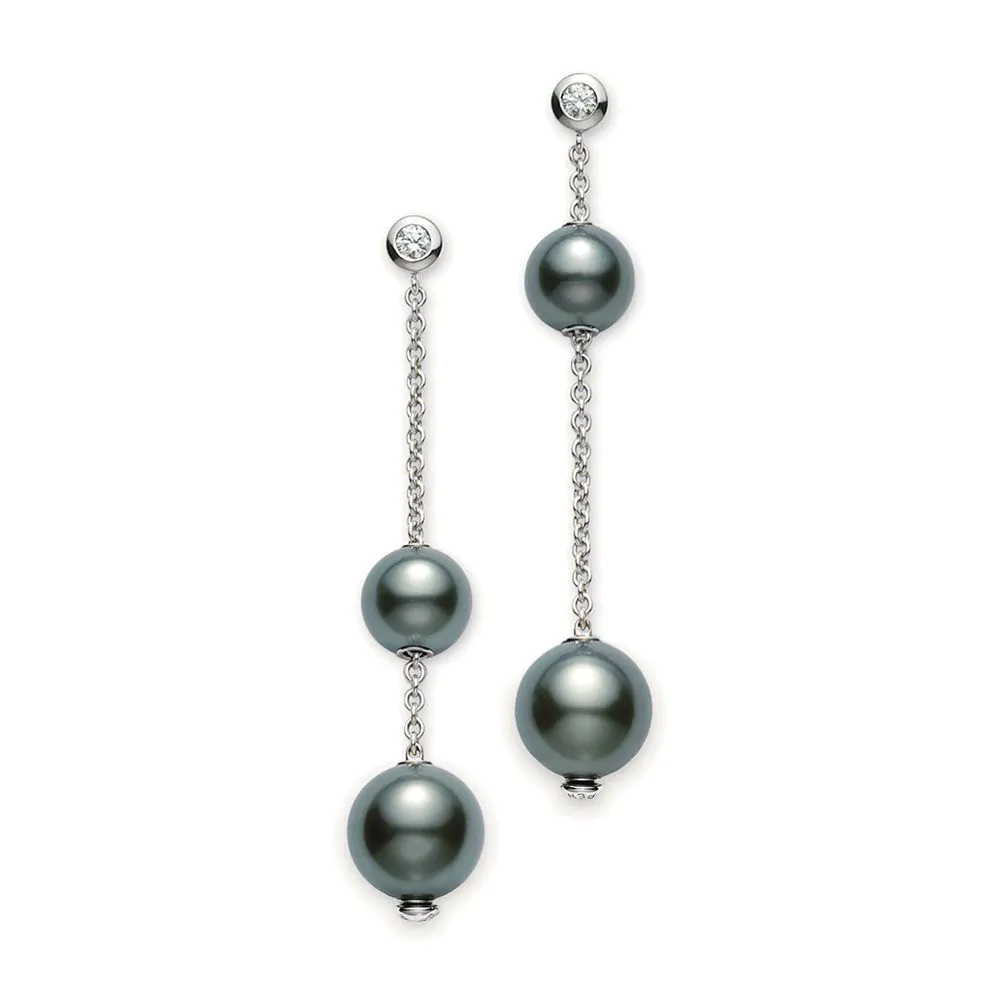 Mikimoto 18ct White Gold Black South Sea Pearl and Diamond Drop Earrings