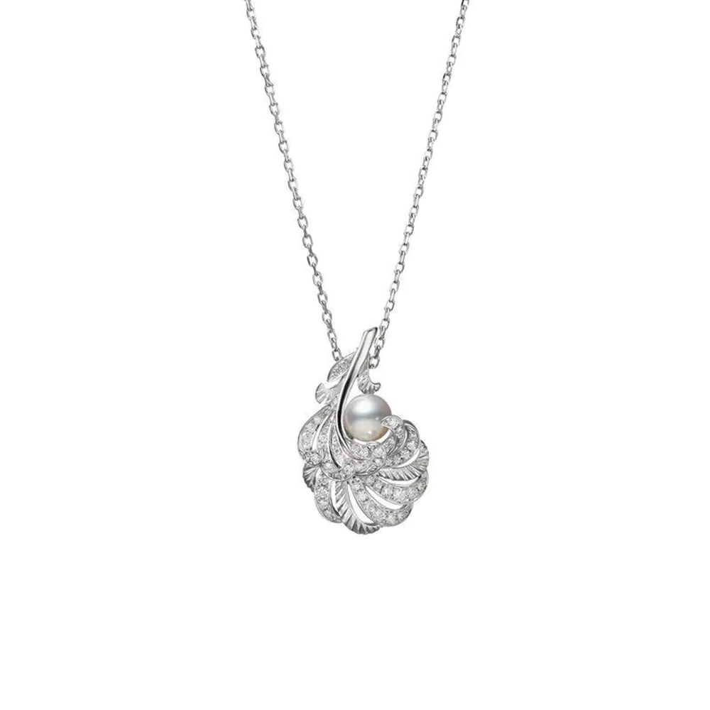 Mikimoto Feather 18ct White Gold Pearl and Diamond Pendant