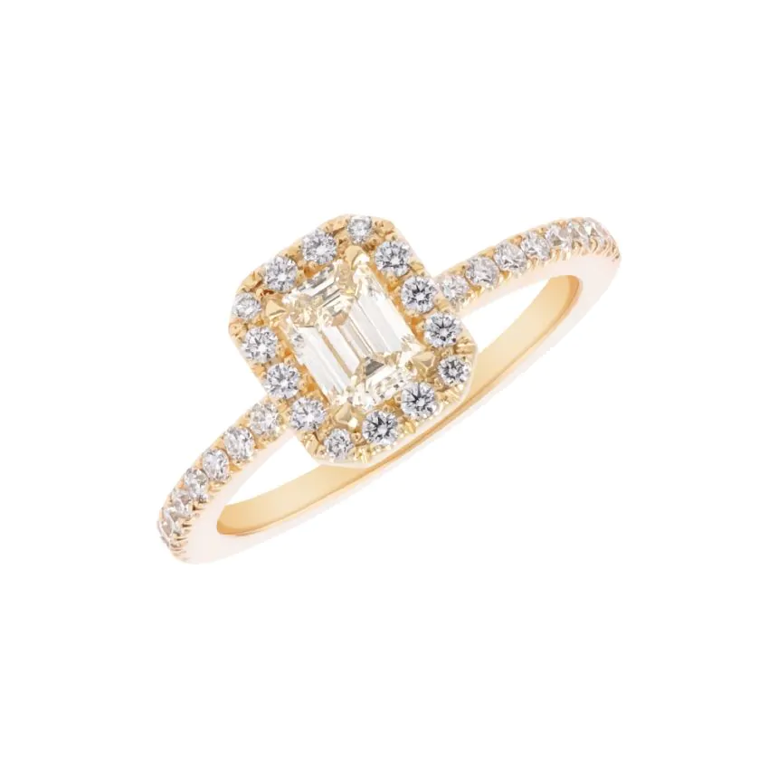 18ct Yellow Gold 0.90ct Diamond Halo Ring with Diamond Shoulders